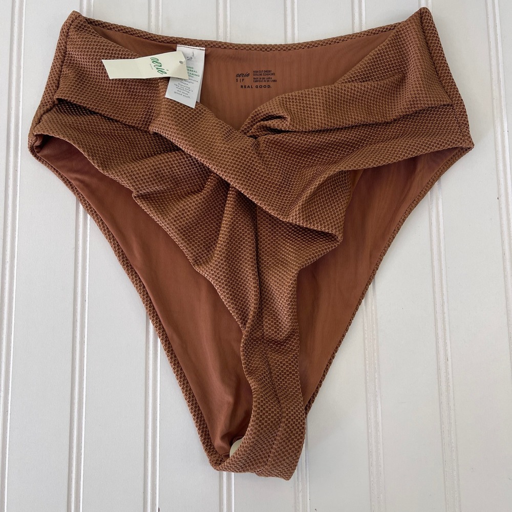 NWT Aerie Real Good High Cut Cheeky Bikini Bottom Copper Brown V-Front Small